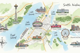 design a watercolor map illustration of your city or venue