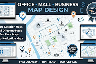 design office map, mall map, store location, business map and city map