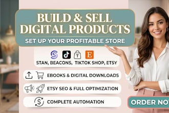setup stan store, etsy seo listing, payhip store, gumroad tiktok shop beacons ai