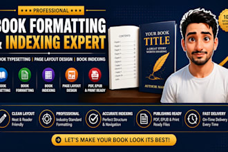 ebook typesetting, book indexing, book page layout design, book formatting