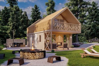 renew 3d cabin house exterior,chalet interior cgi render, rustic interior design