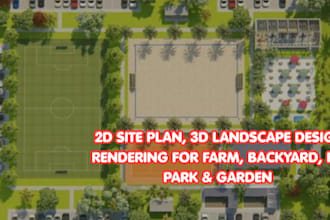 2d site plan, 3d landscape design rendering for farm, backyard, rv park, garden