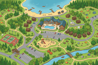 design resort map, hotel map, campground map, illustrated site plan, tourist map