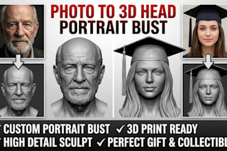 sculpt realistic 2d to 3d head bust head model photo to 3d sculptor stl printing