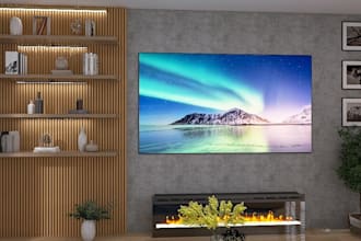 do lighting media tv wall design shelf fireplace with mural 3d rendering
