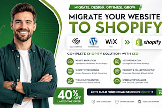 migrate squarespace wordpress wix shopify website with shopify design and SEO
