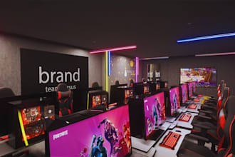 design realistic esports arena, gaming hub, cyber cafe, gaming tournament venue