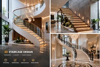 create 3d staircase design, modeling and realistic rendering