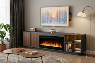 create modern TV wall design, firebase cabinet and led lighting, 3d rendering