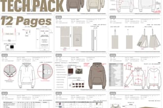create fashion tach pack for production, technical sketches, 3d tracksuit