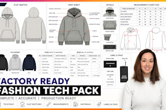 create complete fashion clothing tech pack with flat sketches for production