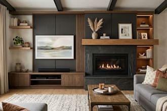 create living room millwork, media wall, tv wall, fireplace and floating shelf