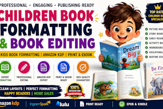 do book formatting, children book formatting, kids book formatting, book editing