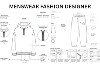 design fashion tech pack, clothing tech pack design, fashion designer and tech