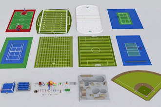 do 3d football stadium model, 3d sports arena and sport equipment animation