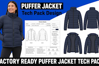 create a manufacturer ready puffer jacket tech pack with flat sketches and bom