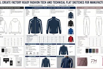create fashion tech garment design and technical flat sketches for manufacturing
