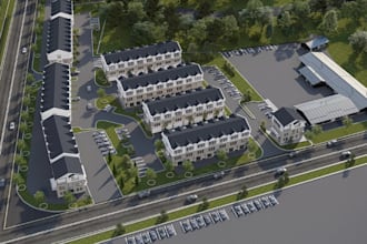 3d architectural designer, townhouse construction, suburban housing, aerial view