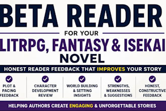beta read your litrpg, fantacy or isekai novel with detailed reader feedback
