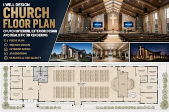 design church floor plan,  exterior design and realistic 3d rendering