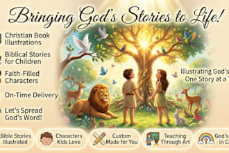 do christian story book, bible themed kid story children book line art drawing