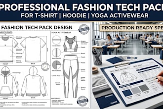 make fashion tech packs for t shirt, hoodie, yoga activewears for productions