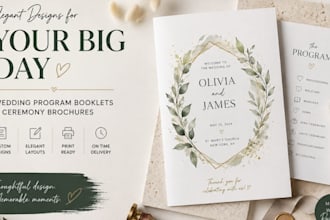 design an elegant wedding program booklet and ceremony brochure
