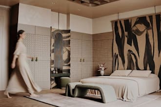 design interior 3d walk in closet airbnb, bedroom, kitchen with realistic render