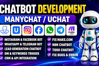 setup make com automation with manychat, chatfuel, uchat, tidio, vapi ai agent