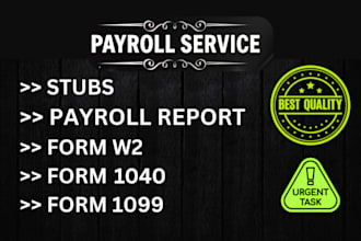 prepare stubs, payroll reports, form w2, w3 and form 1099