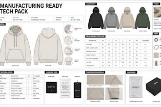 create hoodie jogger and activewear tech pack with flat sketch for manufacturing