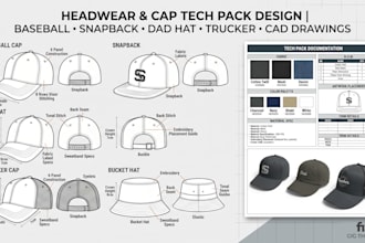 design baseball cap, snapback, dad hat, trucker cap tech pack and fashion cad