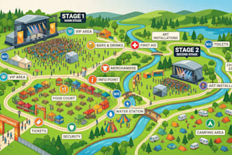 illustrate concert festival map, event map, venue site map and wayfinding map