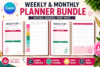 create a printable digital planner, weekly and monthly bundle planner in canva
