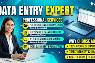 do data entry, pdf to excel, copy paste and web research