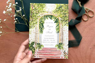 hand paint custom watercolor save the date with greenery, plants and foliage