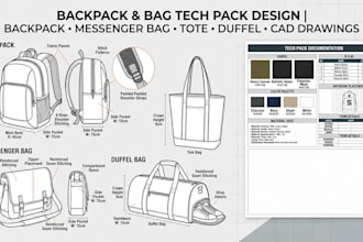 do backpack design, bag tech packs and technical flat sketches for production