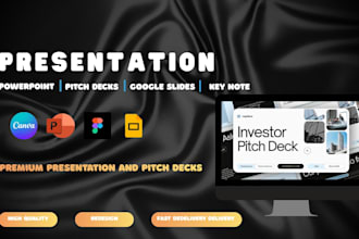 design a pro pitch deck, powerpoint presentation, google slides, and canva