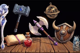 create 3d models, low poly props, weapons, and game assets