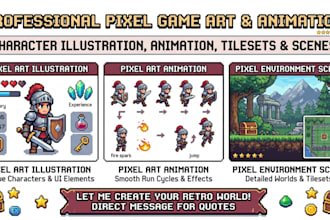 do pixel game art illustration, pixel art animation, and environment scene