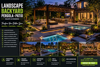 design landscape, backyard, pergola, patio and create realistic 3d renderings