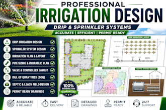 design drip irrigation, sprinkler system, irrigation plan, pipe sizing and boq