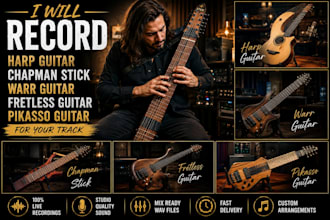 record harp guitar, chapman stick, warr guitar, fretless guitar pikass guitar