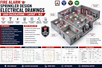 create fire alarm sprinkler design electrical drawing load calcs, layout and sld
