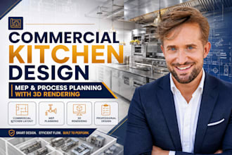 commercial kitchen design with mep and process planning with 3d rendering