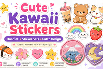 design cute kawaii stickers, doodles illustration, stickers and patch design