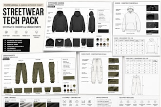 create streetwear tech pack, fashion flat for hoodie and cargo production