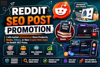 market ecom store product, book video or new crypto web app via reddit SEO posts