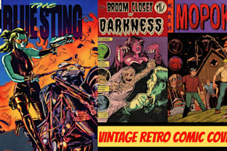 draw vintage retro comic cover, pulp style, pop art horror, superhero poster art