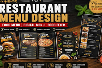 design professional restaurant and food menu design, digital menu, food flyer,